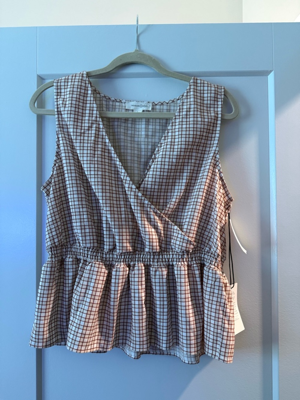 Sleeveless Brown Check Wrap Peplum Top